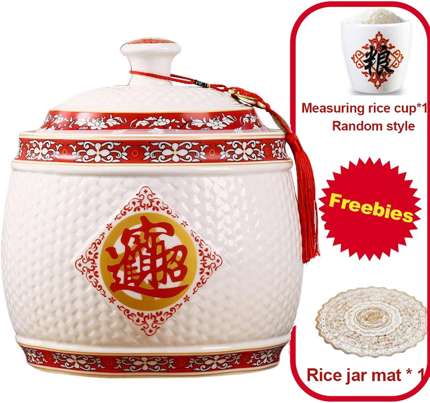 Chinese Sealed Large-Capacity Rice Pot, Ceramic Rice Bucket With Tassel Design, Grain Storage Ceramic Container, Rice Dispenser Airtight Storage Bucket For Grains Snacks Candy Coffee Beans Food(D,Capa