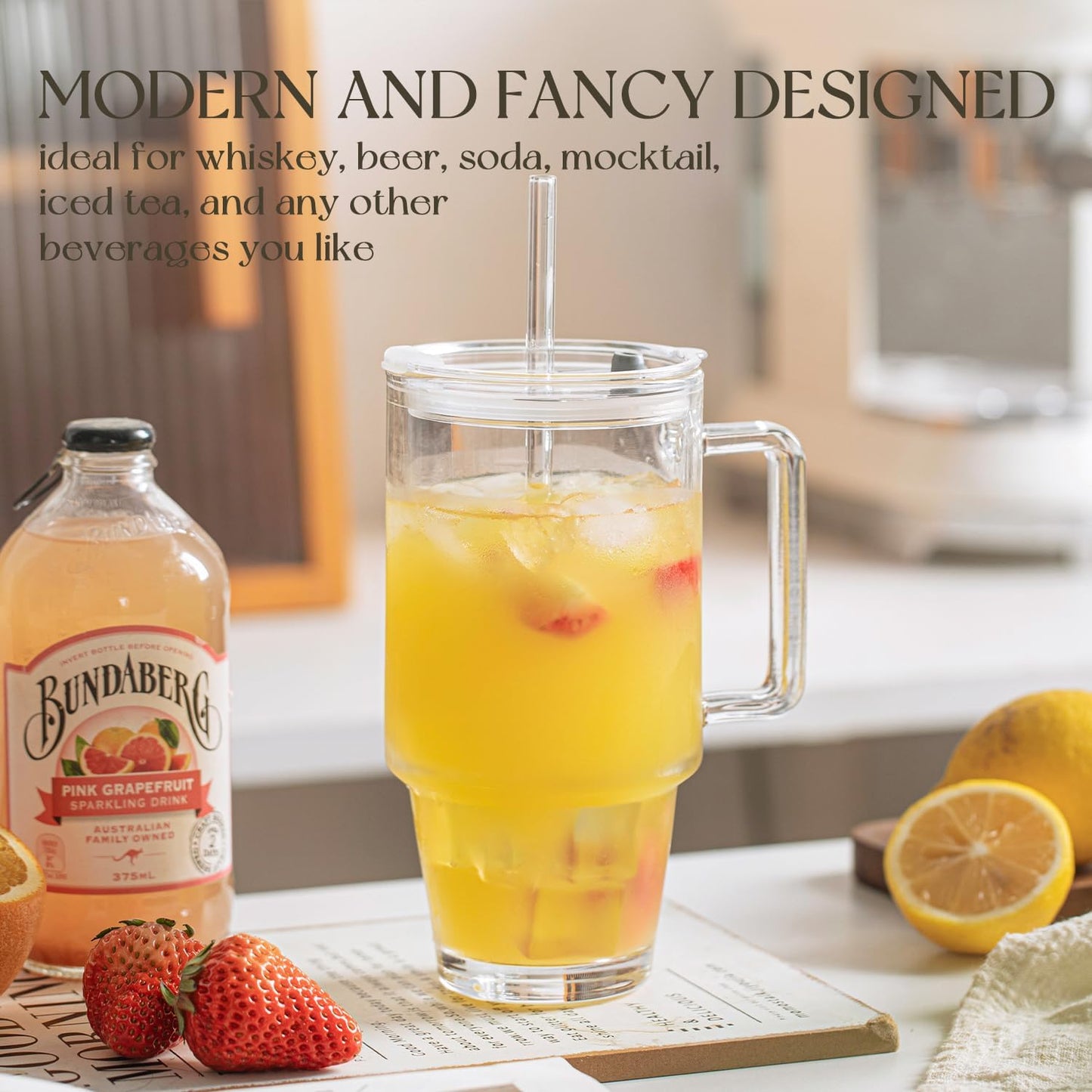 KEMORELA 24oz Glass Tumbler with Handle & Lid - Reusable Glass Cup with Straw for Iced Coffee, Smoothie & Water - Clear Drinking Glasses, To-Go Travel Drinkware (1)