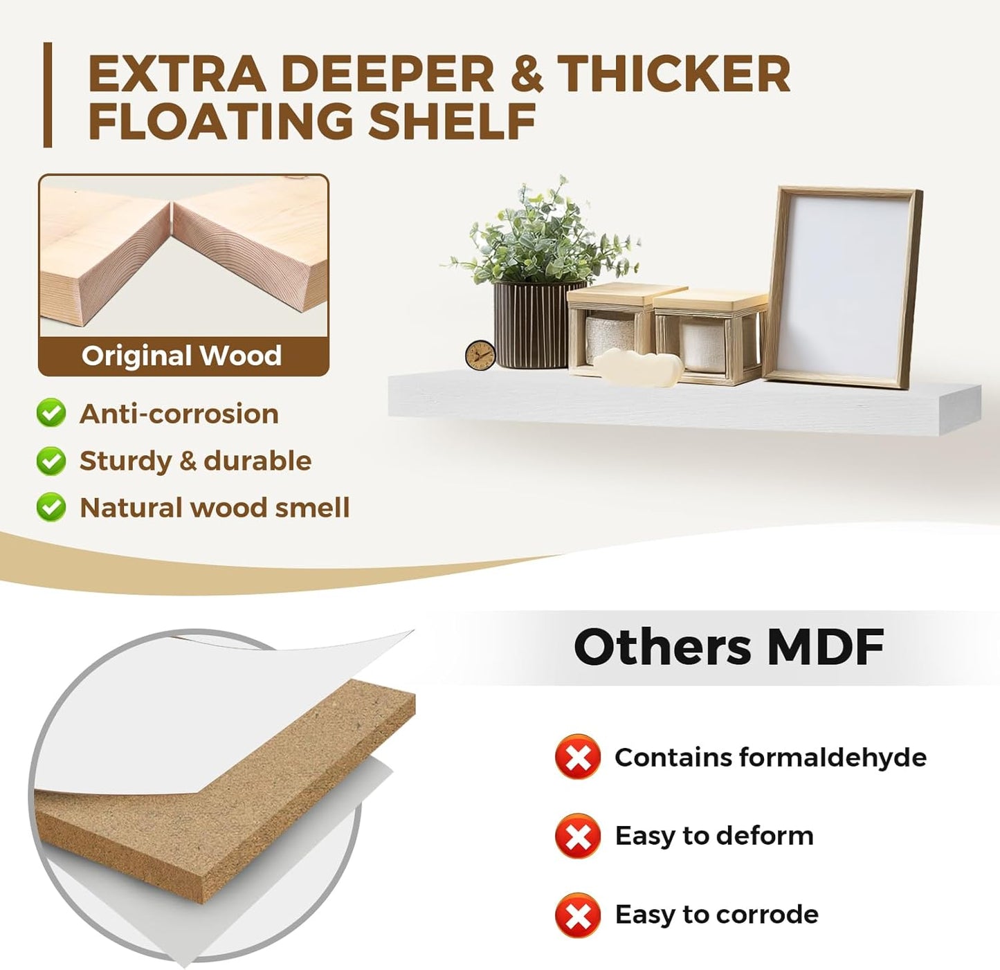 36x8x1.6 inch Floating Shelves Set of 2 – Solid Wood Rustic White Wall Mounted Shelf for Kitchen, Bathroom, Living Room