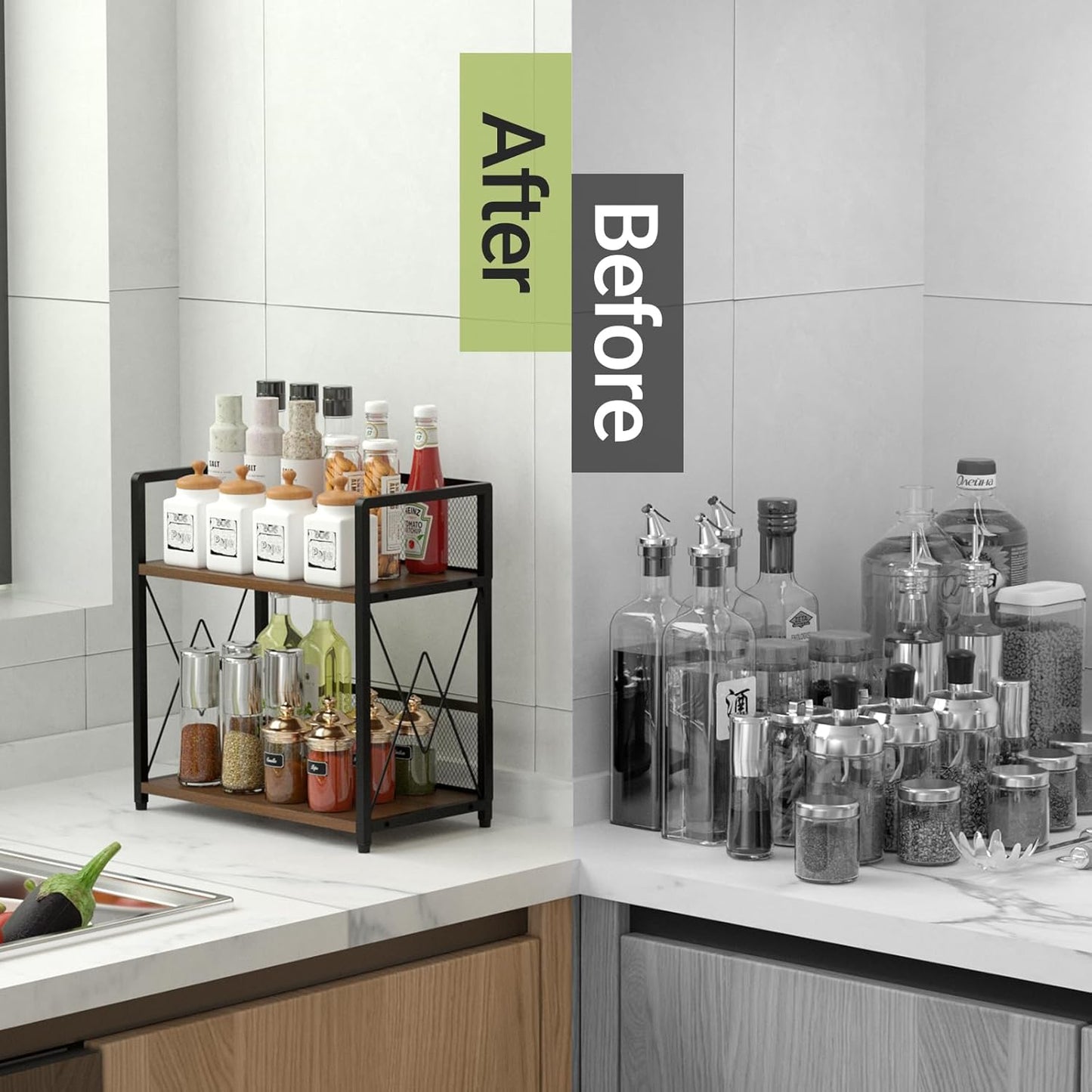 Aduanbang Coffee Bar Accessories Organizer, Seasoning Organizer, 2 Tier Wooden Kitchen Counter Shelf, Coffee Organizer Station for Countertop, Coffee Condiment Rack for Mugs, Cups, Cream, Syrup