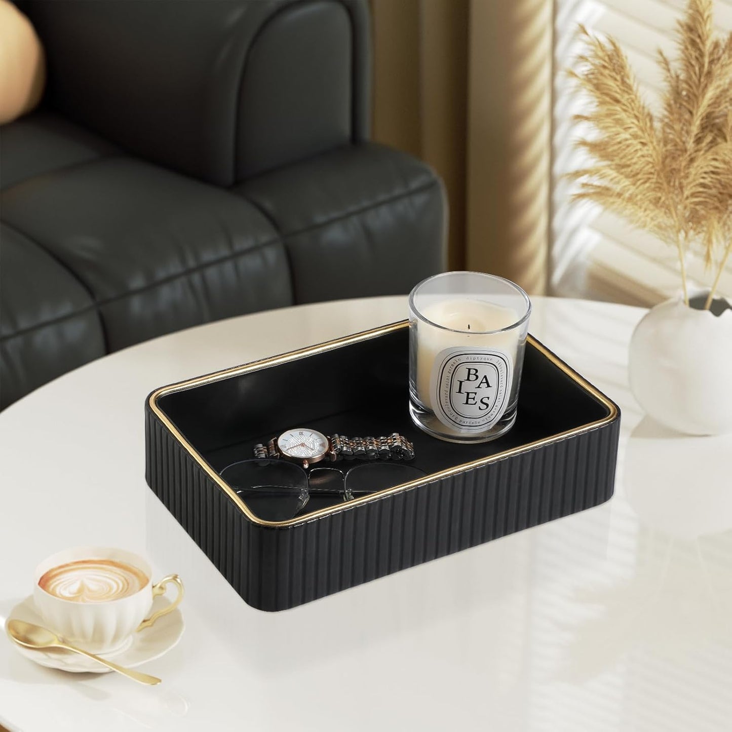 Desk Organizer Tray, PU Leather Valet Tray Nightstand Organizer Cologne Perfume Trays for Men Women, Decorative Vanity Trays Key Bowl Trinket Dish (Black, 9.5" x 6" x 2.2")