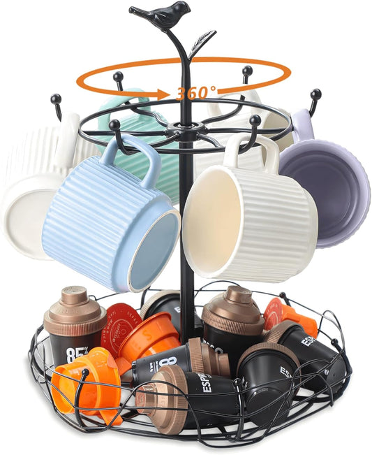 Rotating Mug Tree for Countertop | Decorative Bird & Nest Mug Holder with Storage Basket | Holds 6 Mugs & Pods | 360° Spinning Coffee Cup Rack for Kitchen, Coffee Bar Accessories & Home Décor