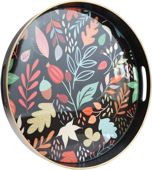 Round Serving Tray with Handles, Coffee Table Tray for Ottoman, Organizer Vanity Tray for Living Room, Outdoor Tray for Patio Entertaining, Serving Breakfast Kitchen Platter LEE33BH