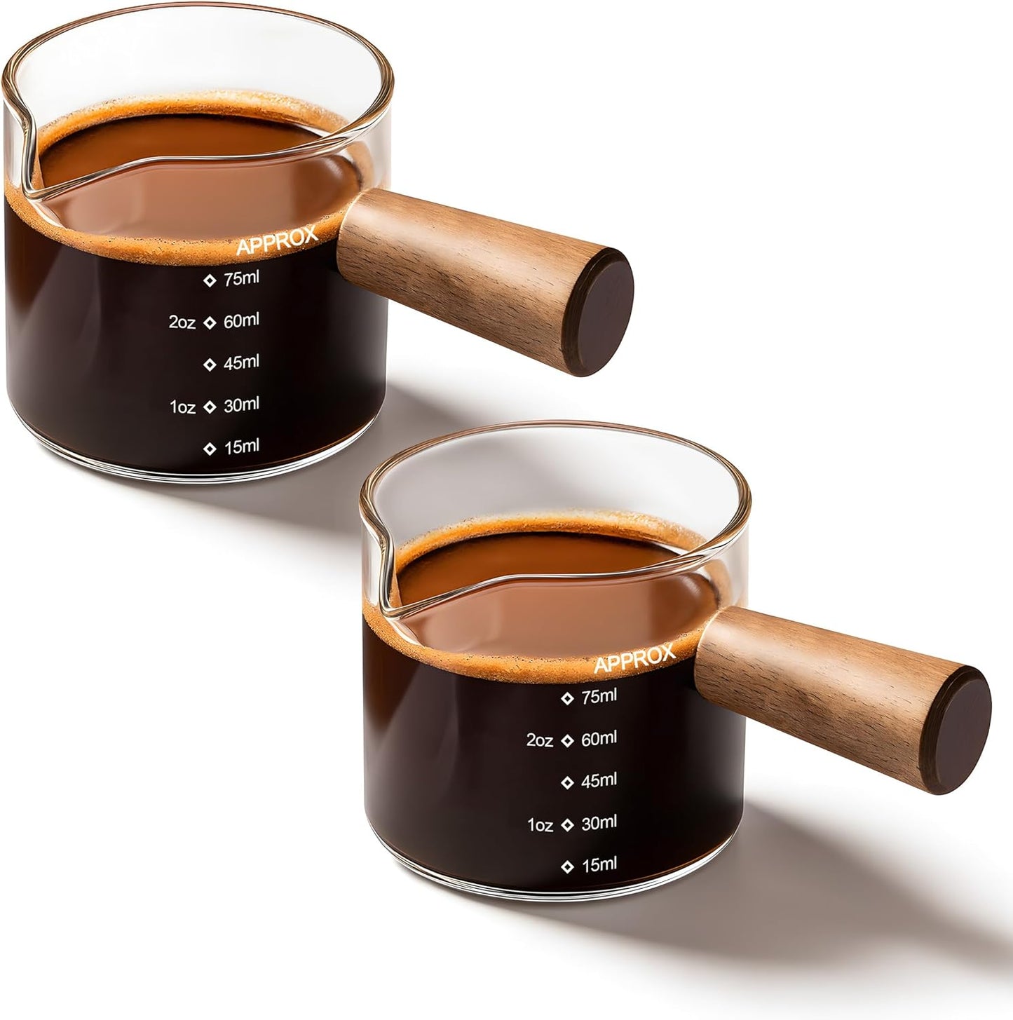 YARRAMATE 3oz Espresso Shots Cup with Wood Handle (2 Pack), Clear Glass Espresso Machine Accessories, Espresso Measuring Cup with Dual Scale, Espresso Shot Glass with Single Spout
