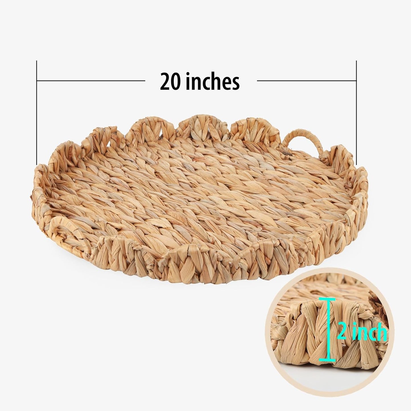Round Ottoman Tray Large Wicker Serving Tray with Handles for Coffee Table, 20 Inch Handwoven Natural Water Hyacinth Tray Scalloped Edges