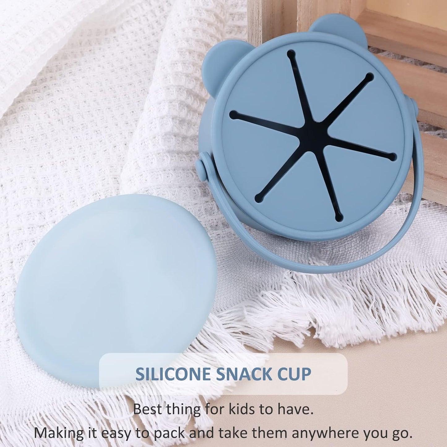 Snack Cups for Toddlers, Baby Snack Containers, Silicone Toddler Snack Cups No Spill, Food Catcher with Lid & Bucket-like Handle, BPA Free & Dishwasher Safe, 9 Ounce Smoke Blue