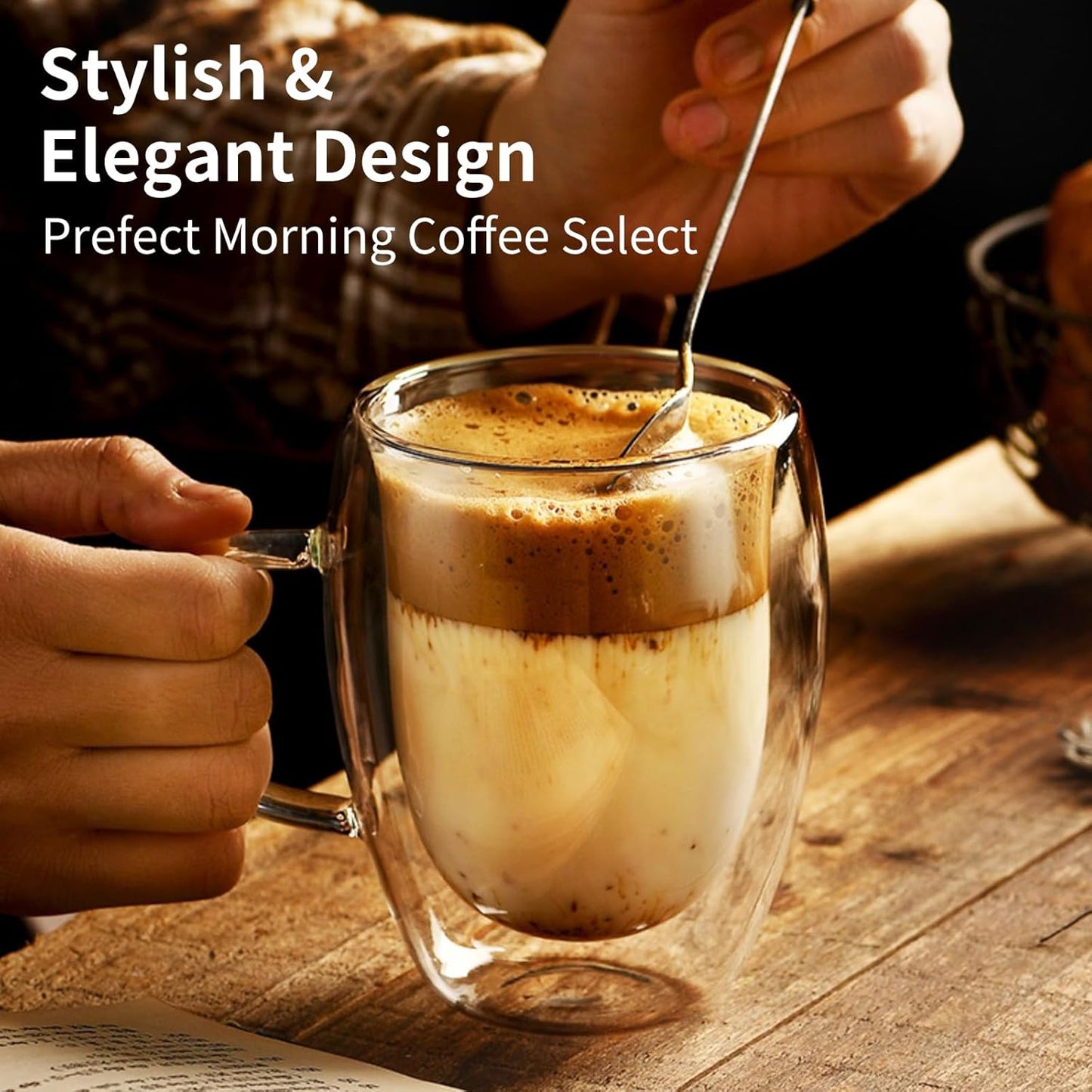 12OZ Double Wall Glass Cups With Handle, Large Glass Mugs Espresso Cups Set of 2, 330ML Clear Coffee Cup, Double Wall Insulated Mugs, Microwave Dishwasher Safe