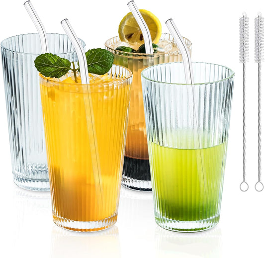KEMORELA 4-Pack Ribbed Drinking Glasses, 16 oz Vintage Highball Cups with Glass Straws, Old Fashioned Glasses, Elegant Tumblers for Water, Juice, Whiskey - Perfect for Iced Coffee and Cocktails