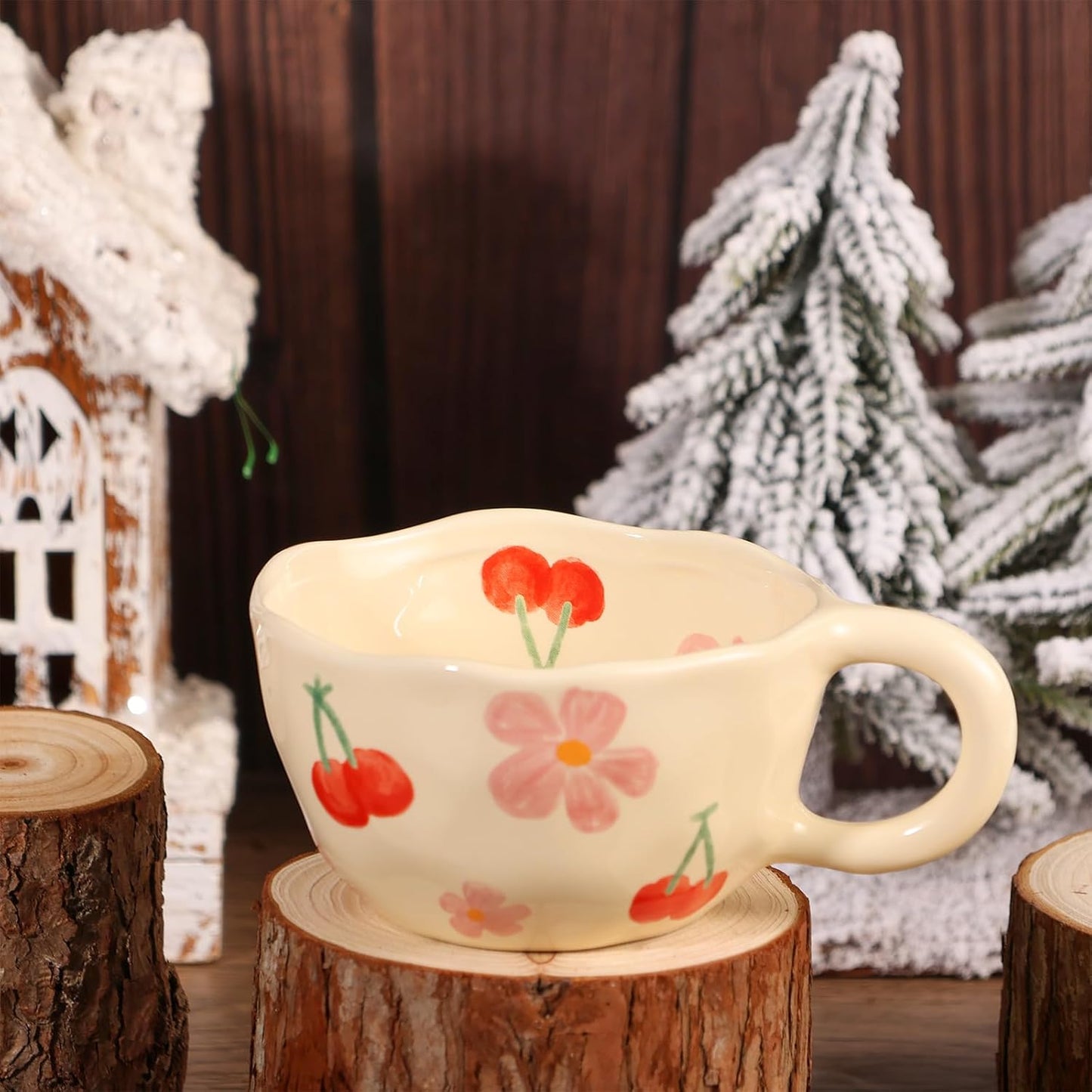 Ceramic Coffee Mug Vintage Flower Mugs 8 oz Cute Floral Coffee Mugs Irregular Latte Art Cup Lead-free Porcelain Cups for Cappuccino, Cocoa (Pink Cherry)