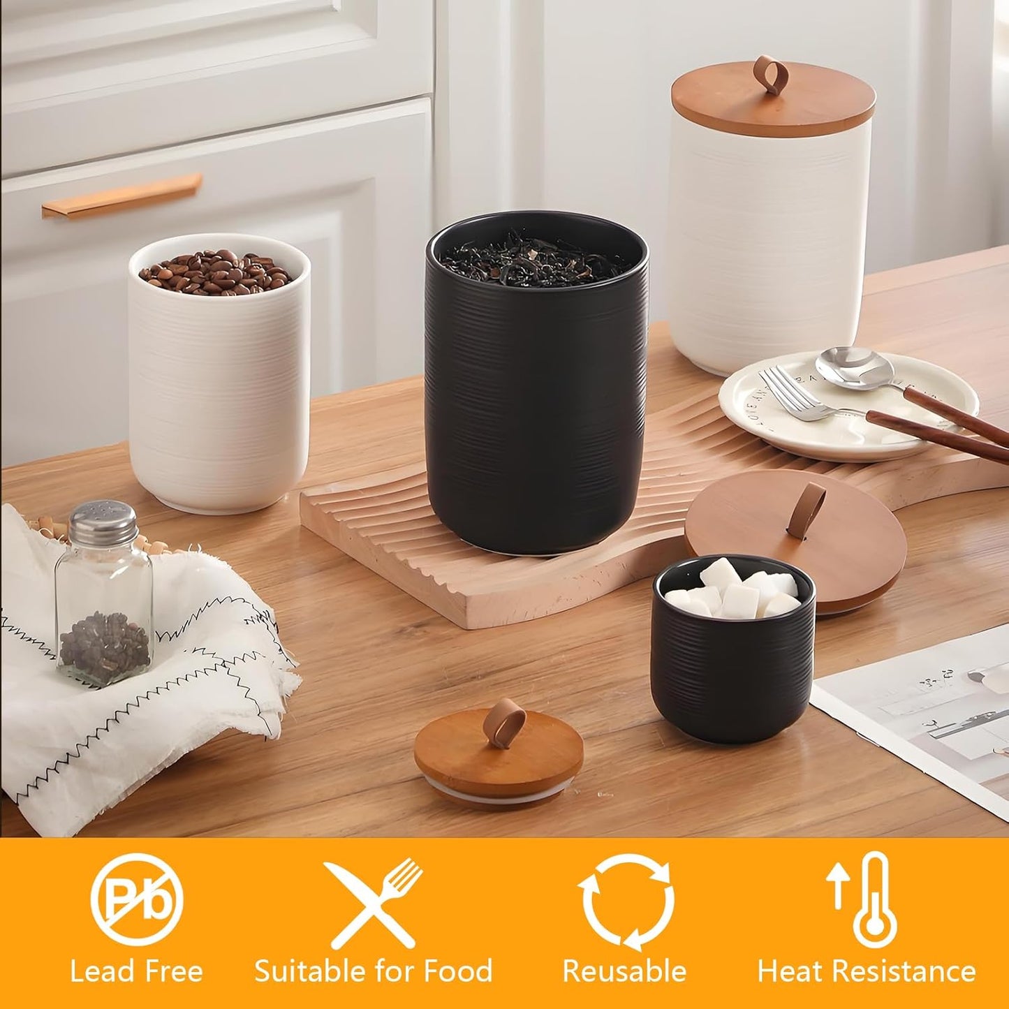 Food Storage Jar Strong Ceramic Storage Canisters with Airtight Wooden Lid,Kitchen Storage Containers for Serving Coffee Beans, Tea, Sugar, Salt, Spices (Big black)