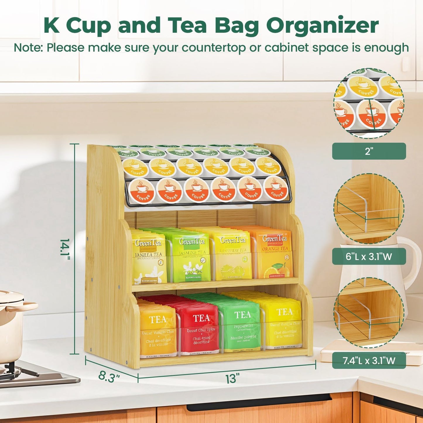 EsLuker.ly Tea Bag Holder Coffee Pod Organizer for Countertop Cabinet, Bamboo 3 Tier Teabag Packet Display Shelf and K Cups Rack Stand for Tea Bar & Coffee Station Storage, Save Space Elegantly