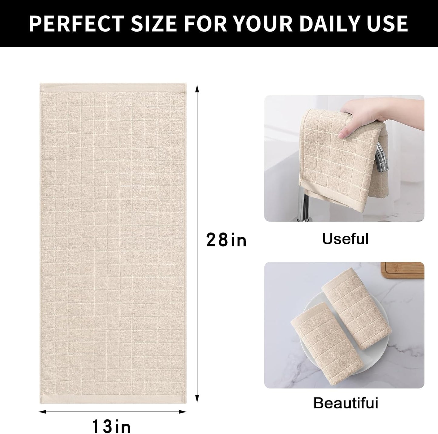 Homaxy 100% Cotton Terry Kitchen Towels(Beige, 13 x 28 inches), Checkered Designed, Soft and Super Absorbent Dish Towels, 6 Pack