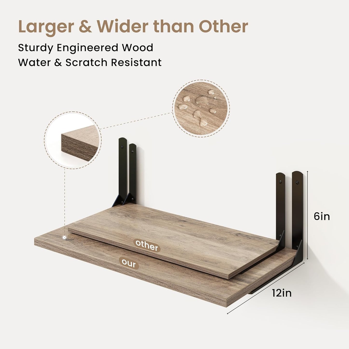 Fun Memories Floating Shelves for Wall, 12 Inch Deep Floating Shelves Set of 2, Wall Mounted Shelf with Metal Brackets, Rustic Wood Wide Shelf for Bathroom, Kitchen and Living Room, Grey, 24W x 12D