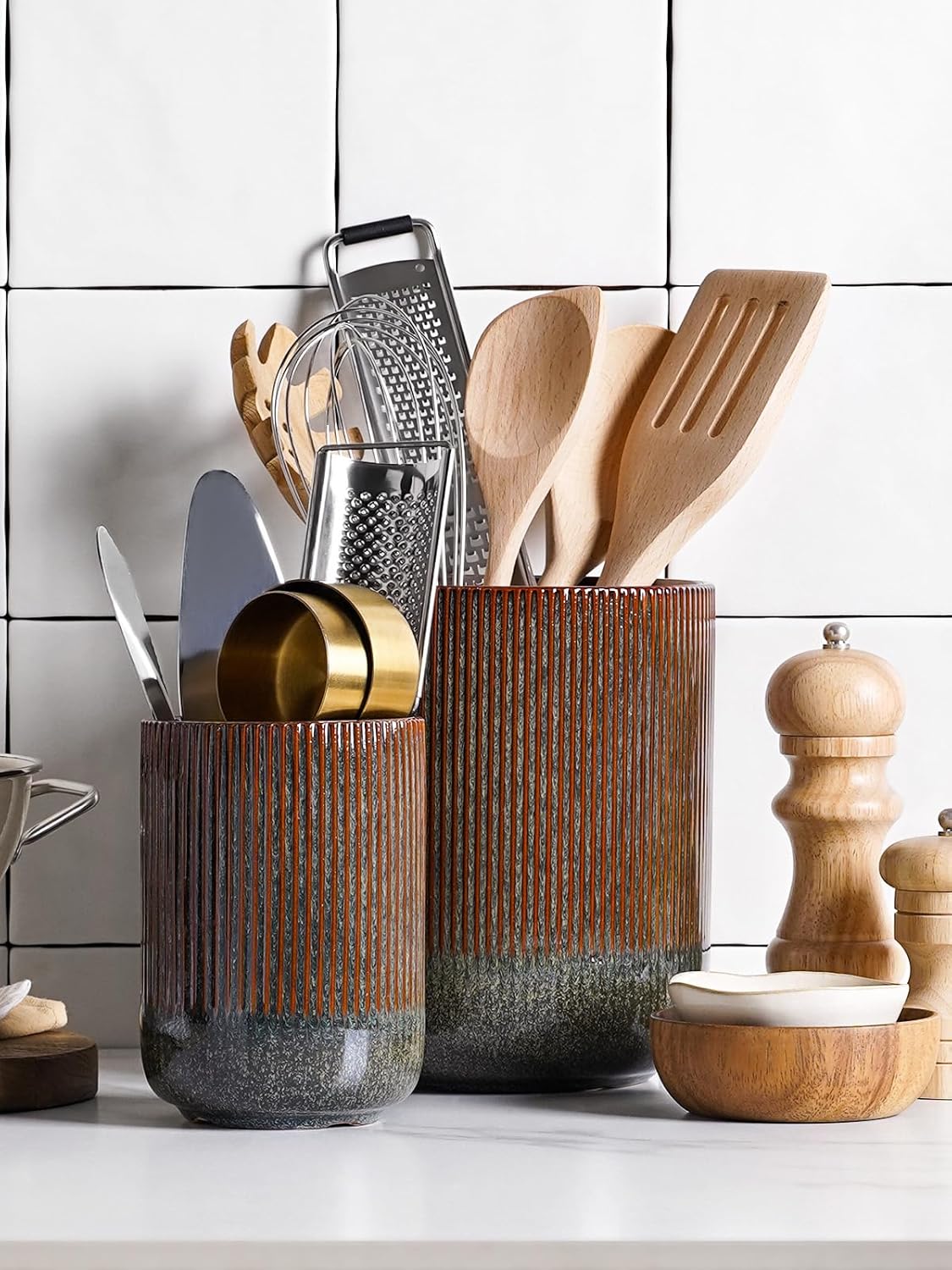 LE TAUCI Utensil Holder, 7.3"+5.4" Ceramic Kitchen Utensil Holder for Countertop, Black Cooking Utensil Crocks for Kitchen Counter, Morden Utensil Organizer for Spatula, Set of 2, Marble Dark Olive