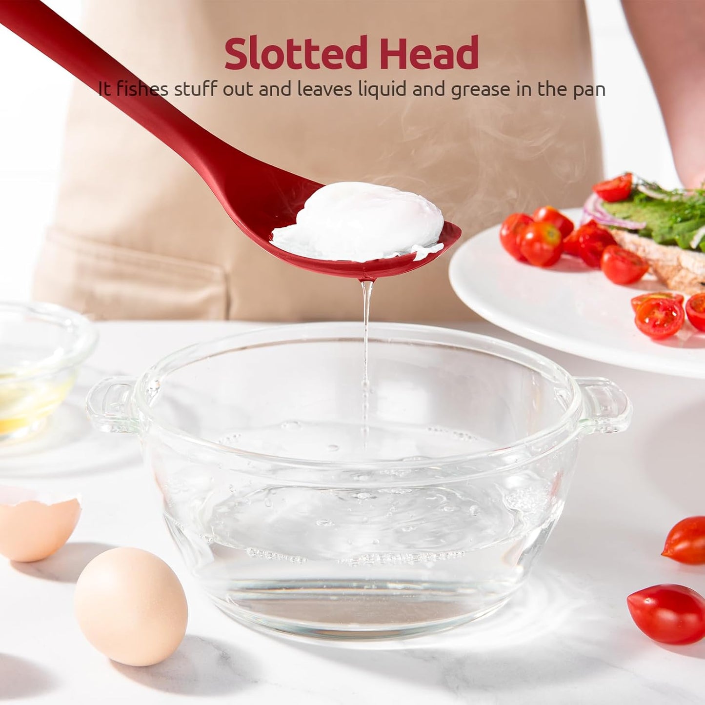 600ºF Heat Resistant Silicone Spoons: U-Taste 13.3in Solid & Slotted Kitchen Cooking Spoon, Nonstick Long Rubber Utensil, Sturdy for Mixing, Serving, Stirring, Frying, Draining (Red, 2PCS)