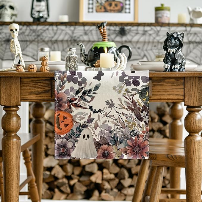 Artoid Mode Jack-O'-Lantern Pumpkin Floral Ghost Halloween Table Runner, Eucalyptus Kitchen Dining Table Decoration for Home Party Decor 13x60 Inch