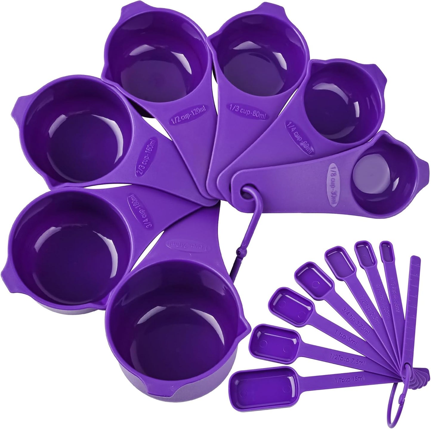 Plastic Measuring Cups and Spoons Set 15, 7 Dry&Liquid Measuring Cup Spoon Set, 7 Spice Long Handle Measuring Spoons with 1 Leveler for Kitchen and Baking, Metric Measure Cups & Spoons Purple