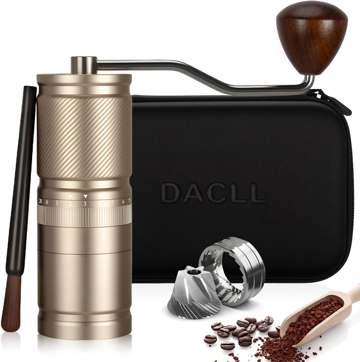 Manual Coffee Grinder with Numerical External Adjustable Setting, Capacity 30g with CNC Stainless Steel Conical Burr (gold)