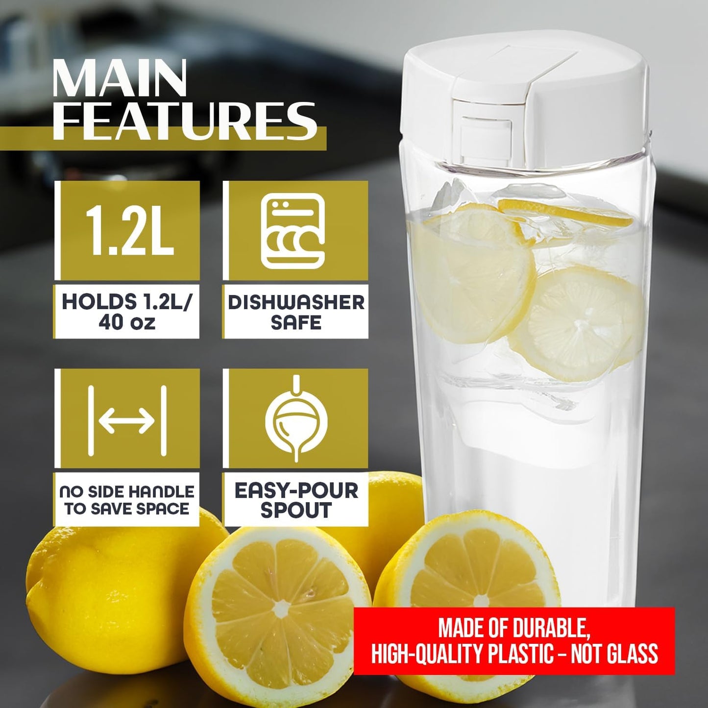 Lustroware QuickFlip Slim Airtight Pitcher - 1.2L (40oz), Heat Resistant, BPA-Free SAN Plastic, Easy Pour, Space-Saving, Made in Japan - White