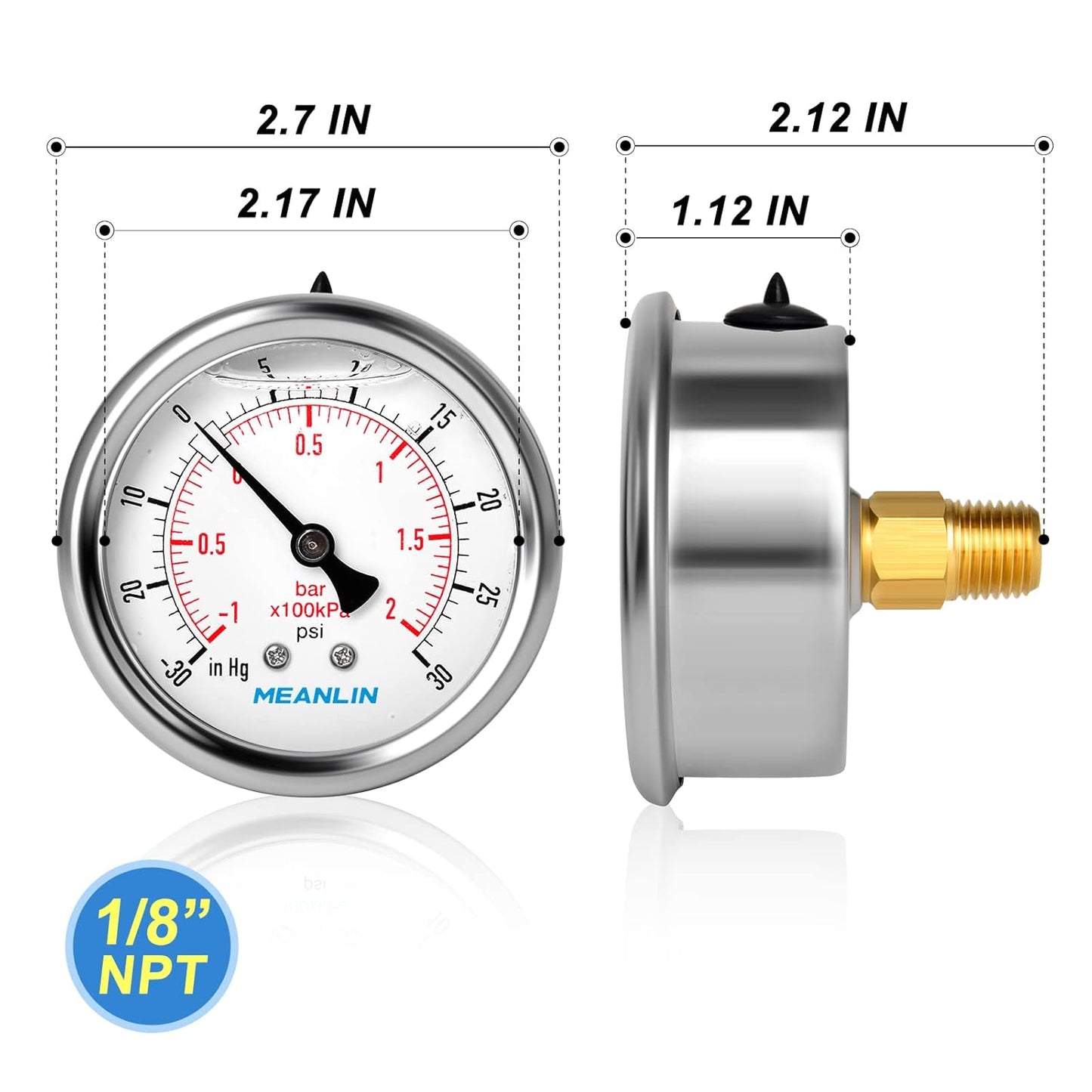 MEANLIN MEASURE -30inHG~30Psi Stainless Steel 1/8" NPT 2.5" FACE DIAL Vacuum Pressure Gauge, Center Back Mount, with 1/4" NPT and 3/8" NPT Hex Bushing