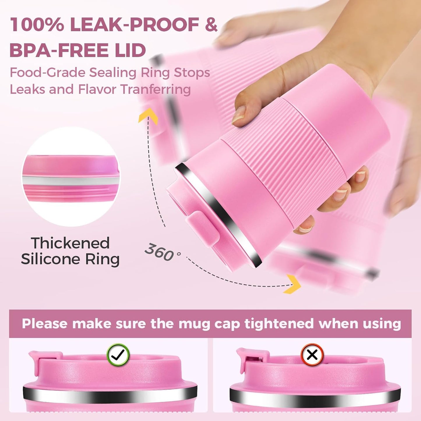 Volhoply 13 oz Stainless Steel Insulated Travel Coffee Mug with Fip Lid Bulk 8 Pack,Reusable Double Wall Vacuum Metal Coffee Cup,Portable Leak Proof Thermal Tumbler for Hot & Cold Drinks(Pink,8)