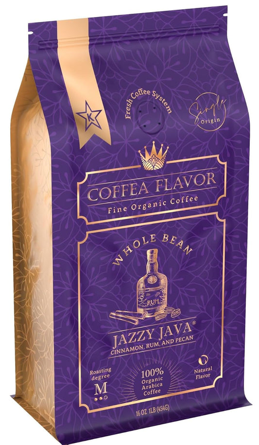 Jazzy Java – Spiced & Nutty Flavored Whole Bean Coffee – Organic, Medium Roast, 100% Arabica, Single Origin – Naturally Flavored – by Coffea Flavor