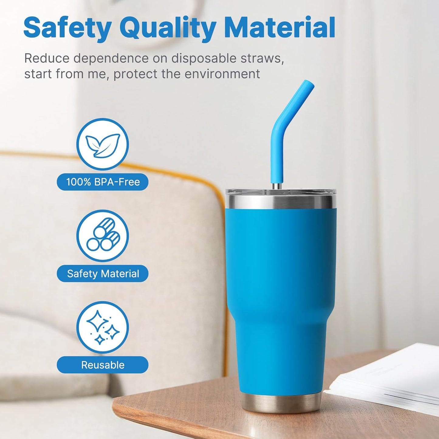 Metal Straws Reusable With Silicone Tips, 9.5" Stainless Steel Straight Drinking Straw for Yeti 30 oz Tumbler- 2 Cleaning Brushes & 1 Portable Bag