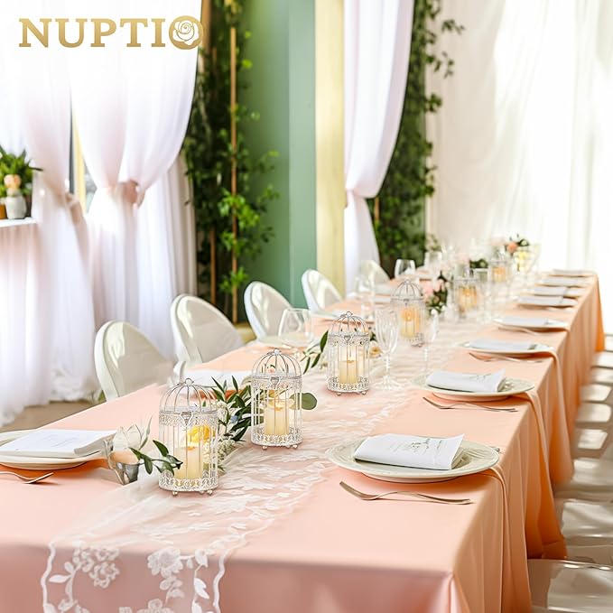 NUPTIO Candle Holders for Pillar Candles: 2 Set of 7.7 inch H Antique White Bird Cages Lantern Wedding Centerpiece Small Metal Hanging Pillars Holder for Bridal Shower Party Table Decorations