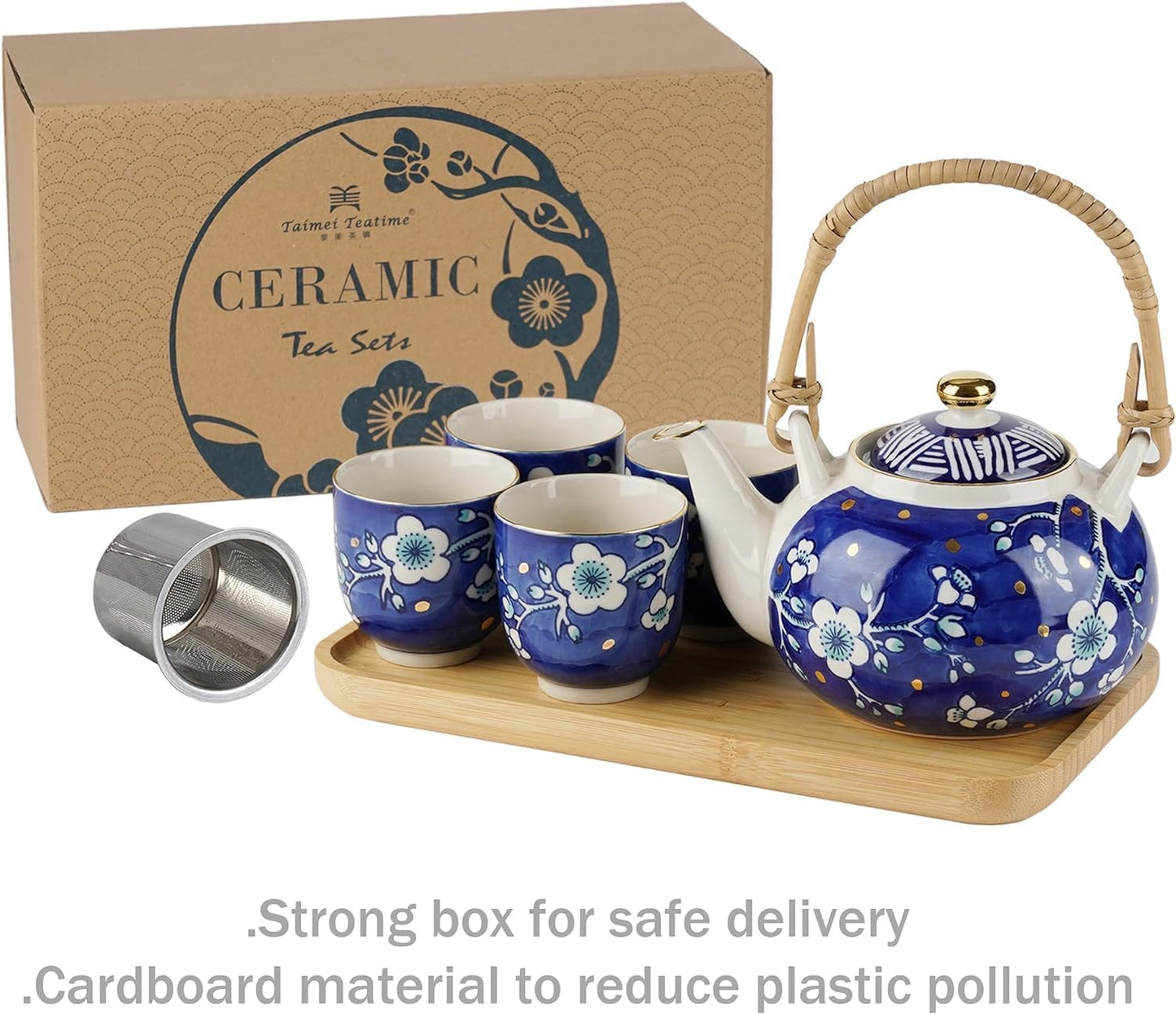 Japanese Tea Set, 25 oz Ceramic Tea Sets with Teapot and Cup Set for 4, Blue and White Tea Sets for Adults with Removable Stainless Infuser and Bamboo Tray, Tea Gifts Set for Tea Lovers