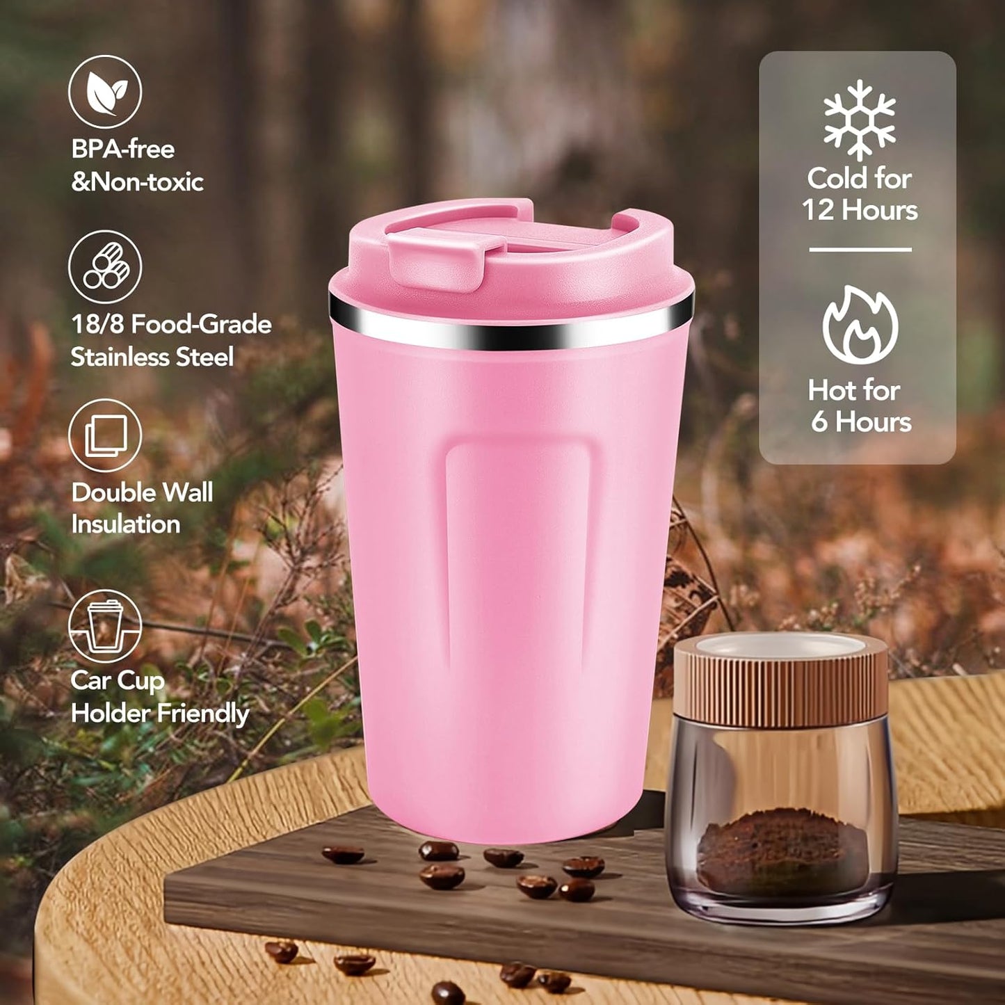 Volhoply 12 oz Double Wall Insulated Vacuum Travel Coffee Mugs with Flip Lid Bulk 2 Pack,Reusable Stainless Steel Leak Proof Coffee Cup,Portable Cafe Thermal Tumbler for Hot & Cold Drinks(Pink,2 Set)