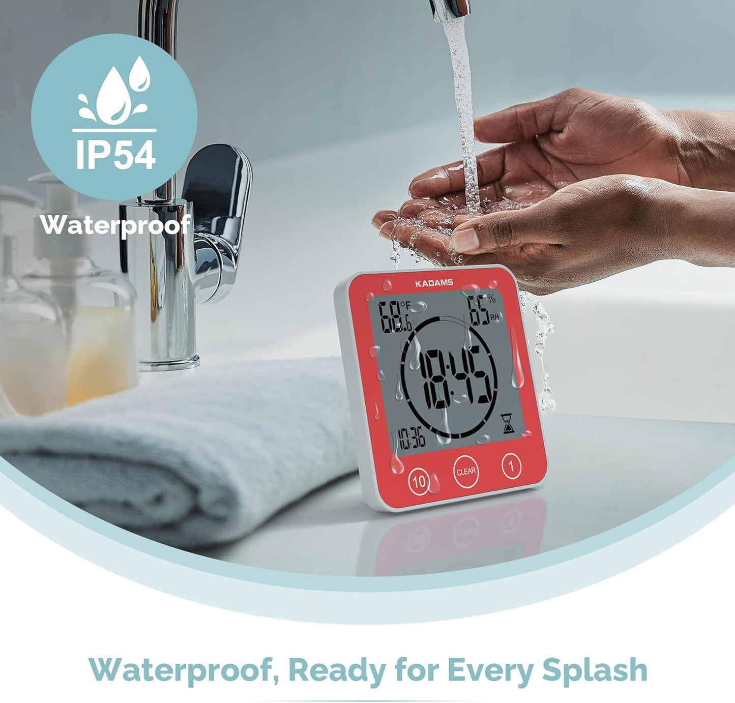 KADAMS Shower Clock Waterproof Bathroom Timer – Digital Wall Clock with Countdown, Magnetic Kitchen Clock with Temperature & Humidity, Suction Cup for Kids Shower Spa Sauna Cook Bath (Red)