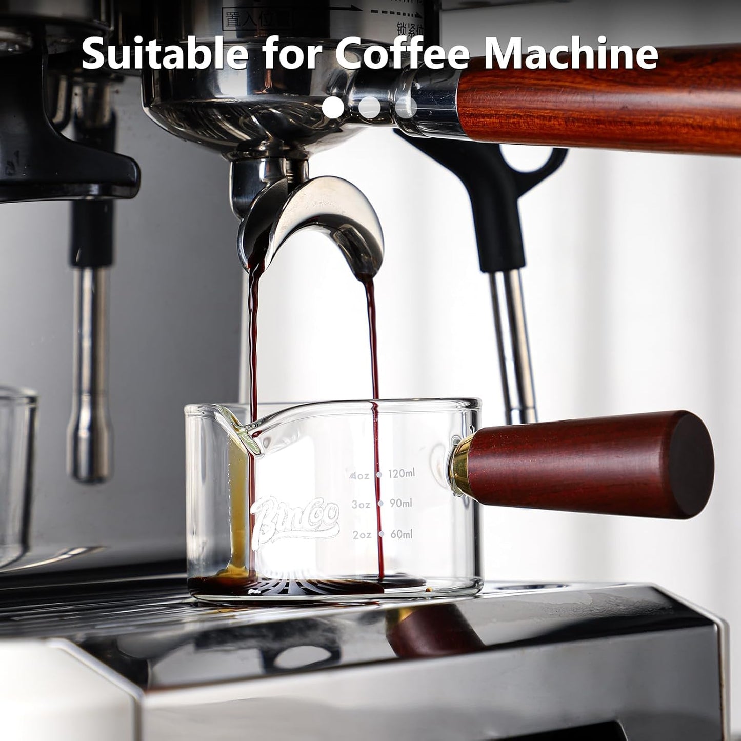 Espresso Shot Glasses with Wood Handle, 120ml Glass Coffee Bean Dosing Cup with Spout,Clear Espresso Measuring Cup Glass for Barista Coffee Measure (Single Spout)