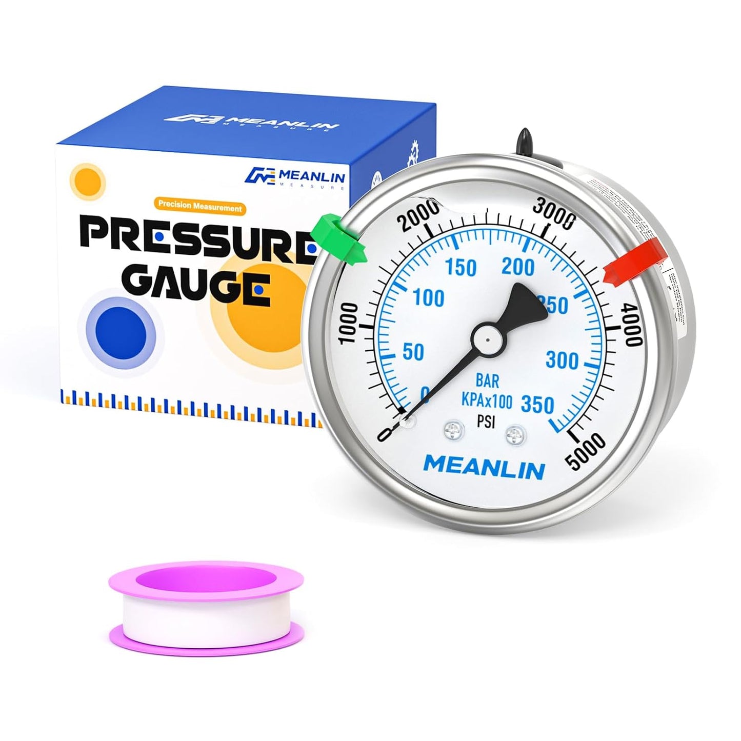 MEANLIN MEASURE 0~5000Psi Liquid Filled Pressure Gauge Stainless Steel 2.5" FACE DIAL 1/4" NPT 316 Stainless Steel Joint for WOG Water Oil Air Back Mount, with 2PCS Snaps