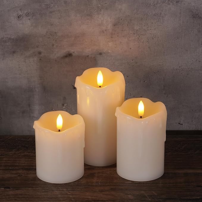 Homemory Dripping Wax Flameless LED Pillar Candles, Battery Operated with Remote Control and Timer, Set of 3, 5" H x 4" W x 6" D