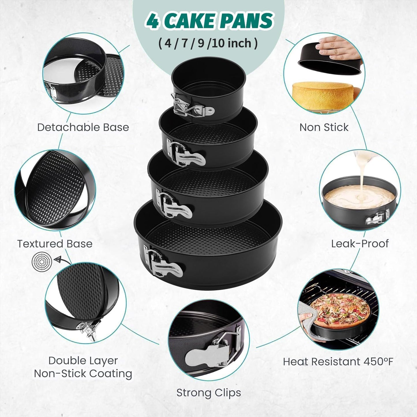SHIKORI Cake Pan Set for Baking, Non-Stick Springform Pans Set of 4 (4, 7, 9 10 inch), Round Cheesecake Pan, Leak-Proof Cake Pans with Removable Bottom-Black 4 Pcs