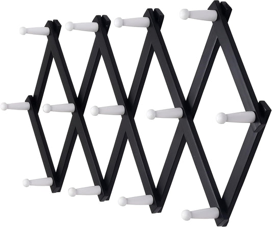 Dseap Accordian Wall Hanger: 16” High Wooden Wall Expandable Coat Rack, Hat Rack Holder, Accordion Hook for Baseball Caps, Coats, Mugs, 13 Peg Hooks, Black & White