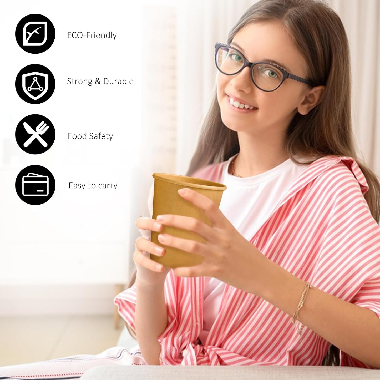 180 Pack 8 oz Paper Cups, Brown Kraft Disposable Paper Coffee Cups, Unbleached Paper Cups for Hot/Cold Beverage Party, Picnic, Travel, and Events.