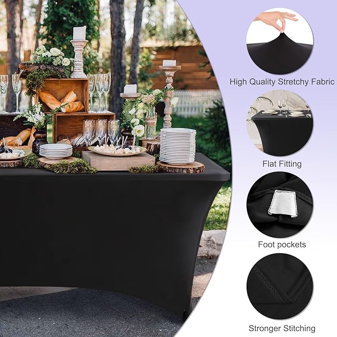 ABCCANOPY 6 FT Black Spandex Table Cover Wrinkle Resistant Fitted Stretch Tablecloth Reuse for Rectangular Folding Table Patry Event Wedding Banquet Protector 2 Pack