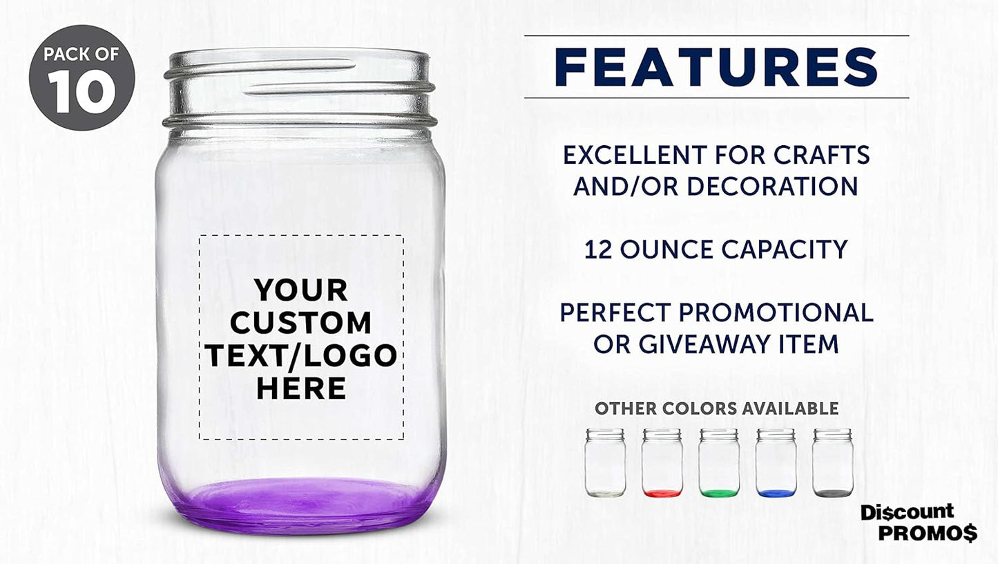 DISCOUNT PROMOS Custom Decorating Mason Jars 12 oz. Set of 10, Personalized Bulk Pack - Glass Jars for Overnight Oats, Candies, Fruits, Pickles, Spices, Beverages - Purple