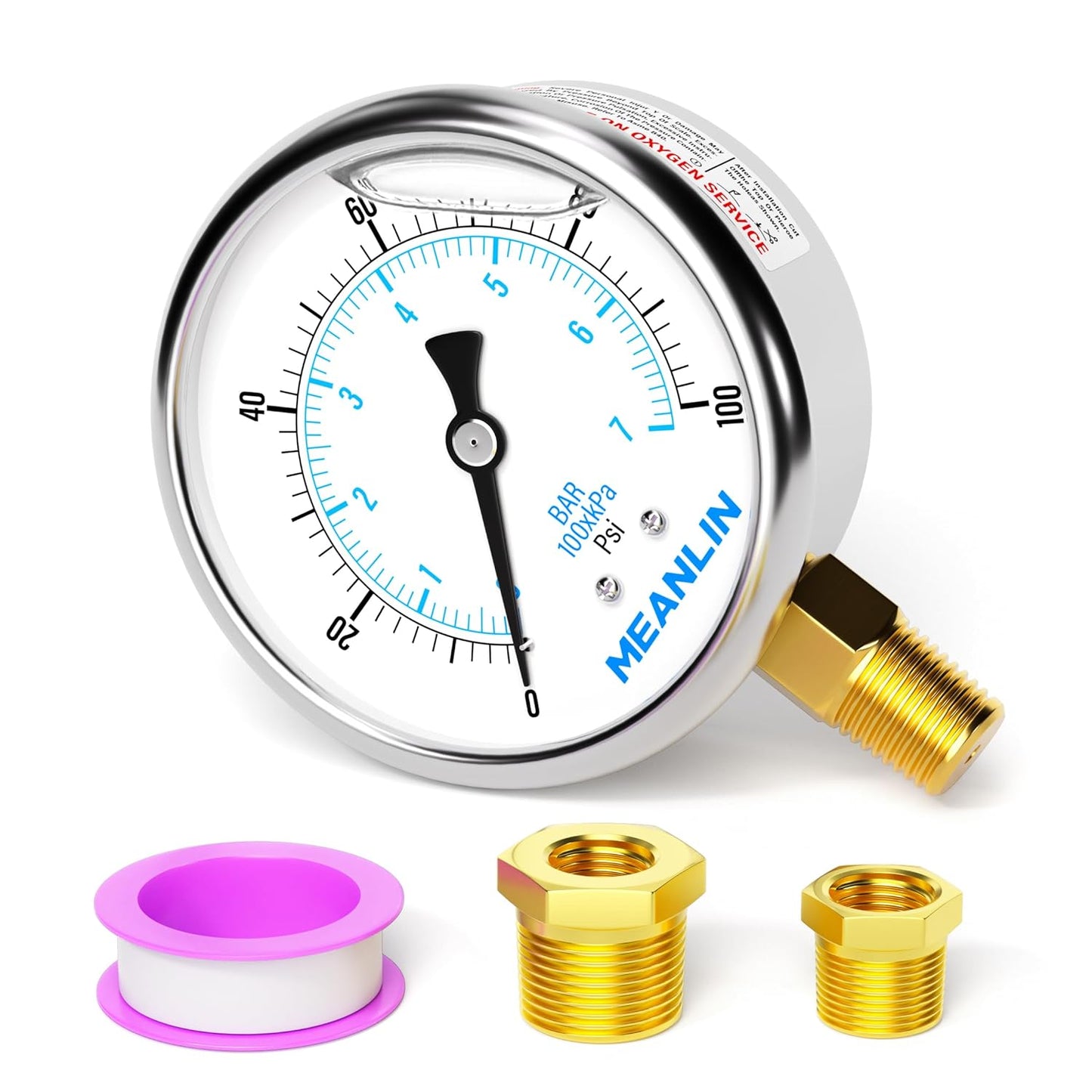 MEANLIN MEASURE 0~100Psi Stainless Steel 1/4" NPT 2.5" FACE DIAL Liquid Filled Pressure Gauge WOG Water Oil Air Lower Mount, with 1/2" NPT and 3/8" NPT Hex Bushing