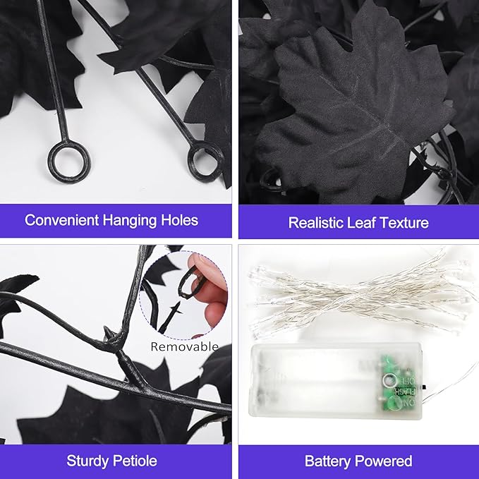 Joyhalo 2 Pack Halloween Garland with Lights, Black Maple Leaves Lighted Garland for Mantle, 5.7FT Light Up Leaf Autumn Vines Outdoor for Door Frame, Fireplace and Thanksgiving Fall Decor