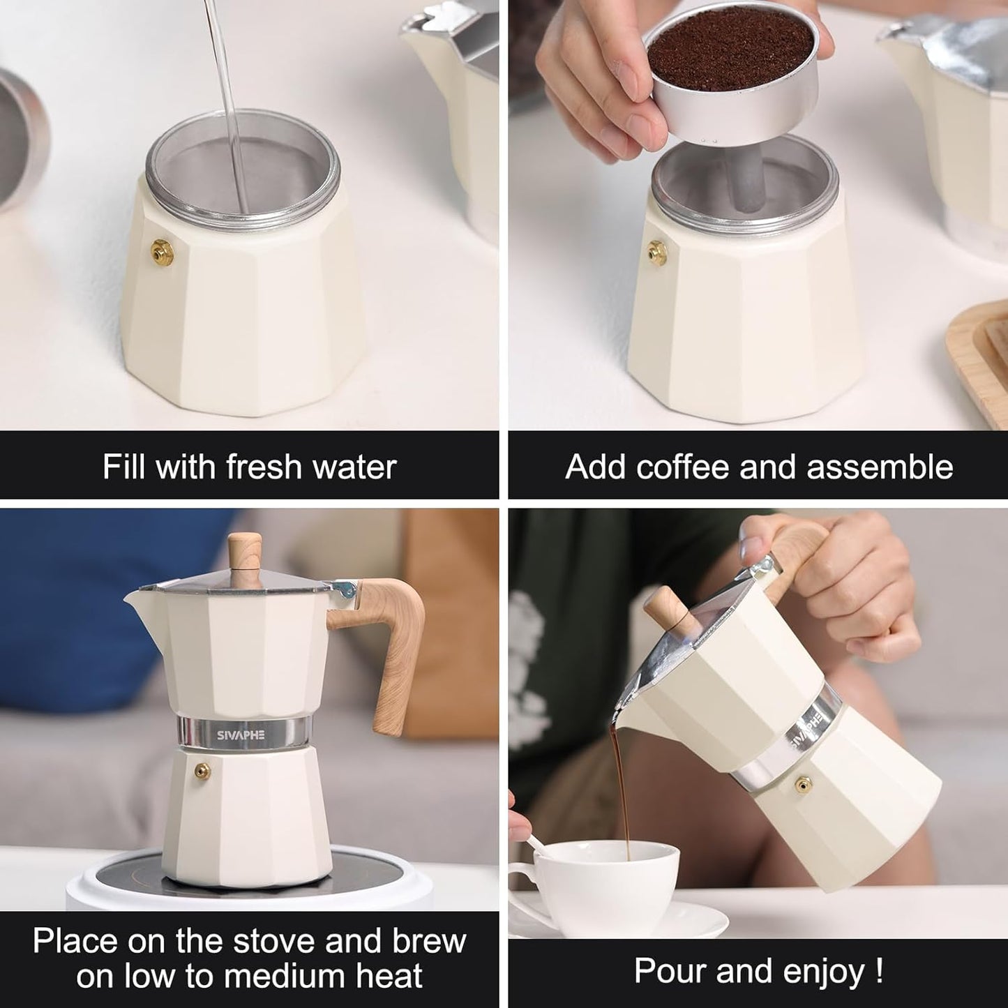 Sivaphe Aluminum Moka Pot 3 Espresso Cups, Percolator Espresso and Coffee Maker, Portable Stovetop Italian and Cuban Café Brewer for Home and Camping White