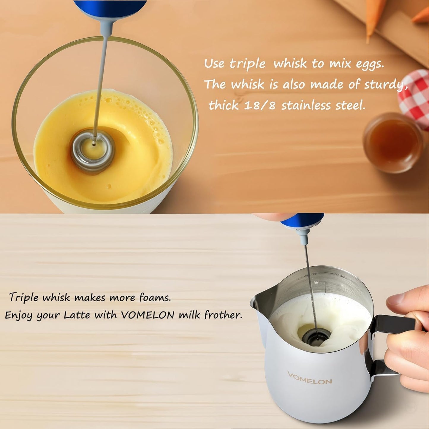 Milk Frother Handheld, Battery Operated Coffee Foamer Drink Mixer with 2 Stainless Steel Electric Whisks for Coffee, Latte, Cappuccino, Hot Chocolate, Protein，Egg Batteries Included,Blue