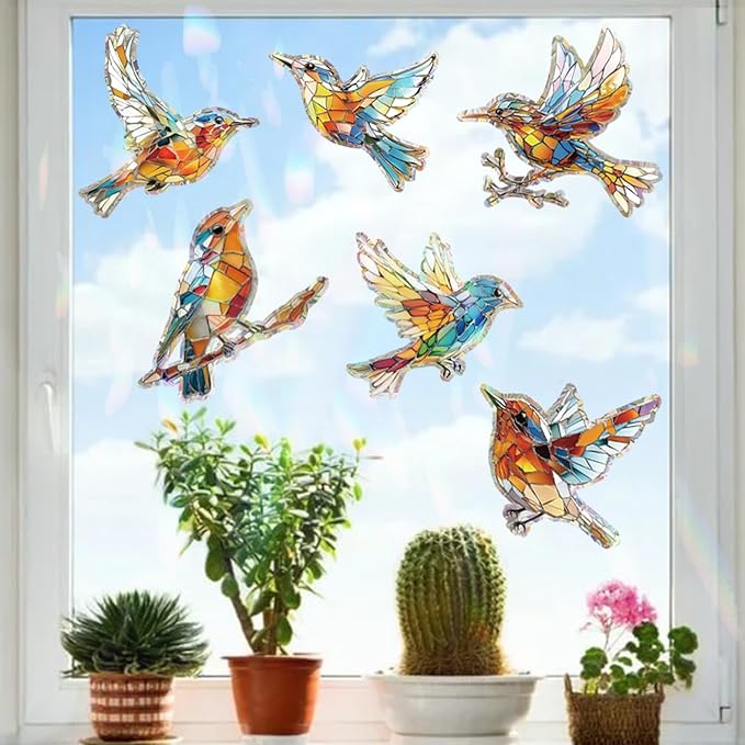 12pcs Window Decals for Bird Strikes, Anti Collision Window Clings, Rainbow Reflection Window Sticker, Hummingbird Style Sun Catcher Stickers for Glass Windows