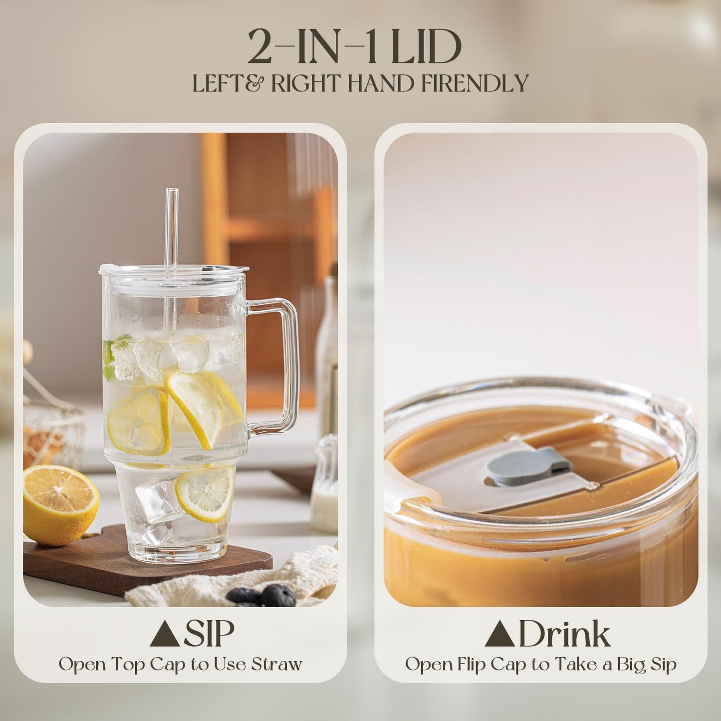 KEMORELA Glass Cups with Lids and Straws 2PCS, 24oz Clear Tumblers with Handle, Reusable Drinking Glasses for Iced Coffee, Tea, Water, Leak Proof Lid, Dishwasher Safe