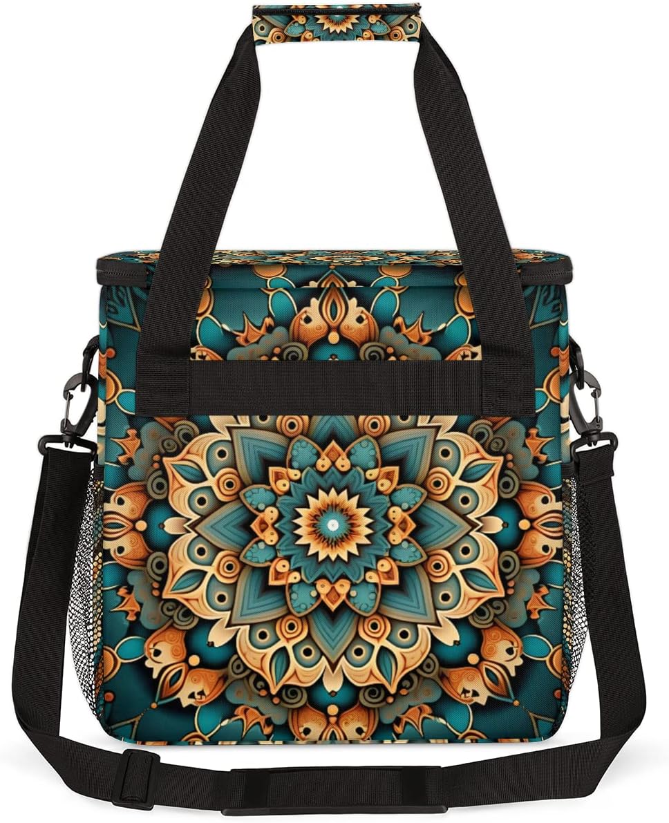 Ethnic Mandala Floral Flowers Coffee Maker Carrying Bag, Coffee Machine Travel Storage Bag Compatible with K-Mini or K-Mini Plus, Portable Single Serve Coffee Brewer Case with Pockets for K-Cup Pods