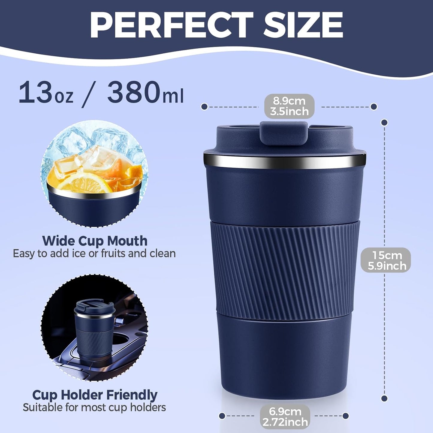 Volhoply 13 oz Stainless Steel Insulated Travel Coffee Mug with Fip Lid Bulk 2 Pack,Reusable Double Wall Vacuum Metal Coffee Cup,Portable Leak Proof Thermal Tumbler for Hot & Cold Drinks(Navy,2)