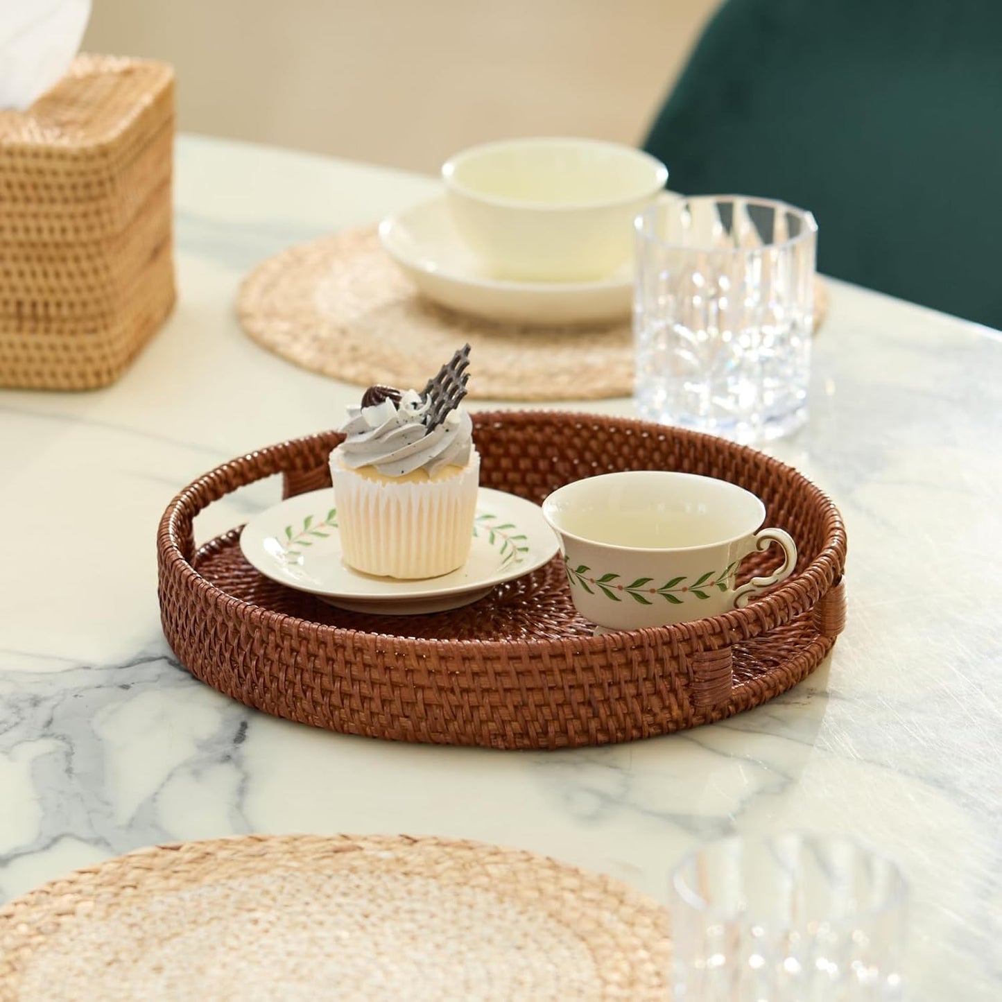 11.8 inch Round Rattan Tray, Decorative Coffee Table Tray, Ottoman Trays, Woven Serving Trays with Handles Wicker Serving Basket, Reddish-Brown