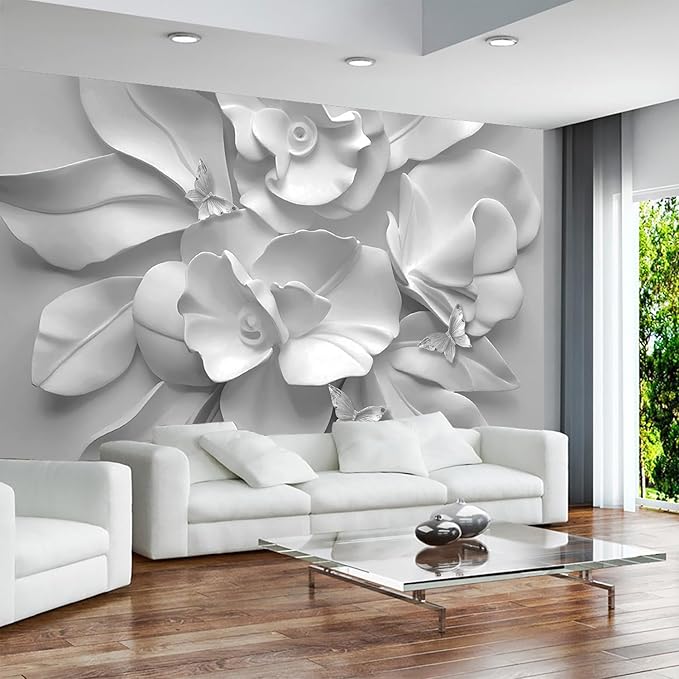 WFBHUA-3d Gray Floral Wallpaper Mural Black and White Embossed Peony Flowers Butterfly Wallpaper for Living Room Bedroom(Not Peel and Stick)