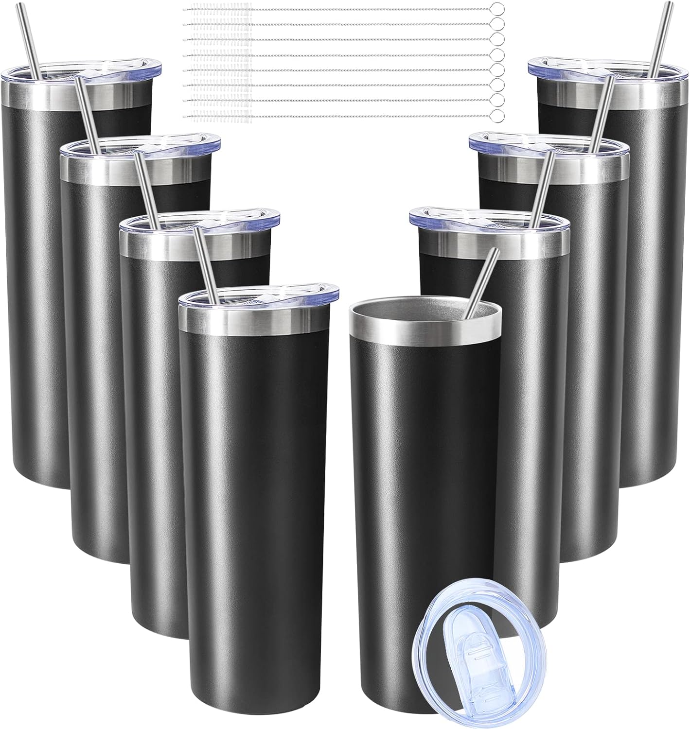 20 oz Skinny Tumblers with Lid and Straw,Stainless Steel Vacuum Insulated Tumbler Cup Double Wall Travel Coffee Mug, Thermal Water Tumbler for Hot and Cold Drinks(Black,8)